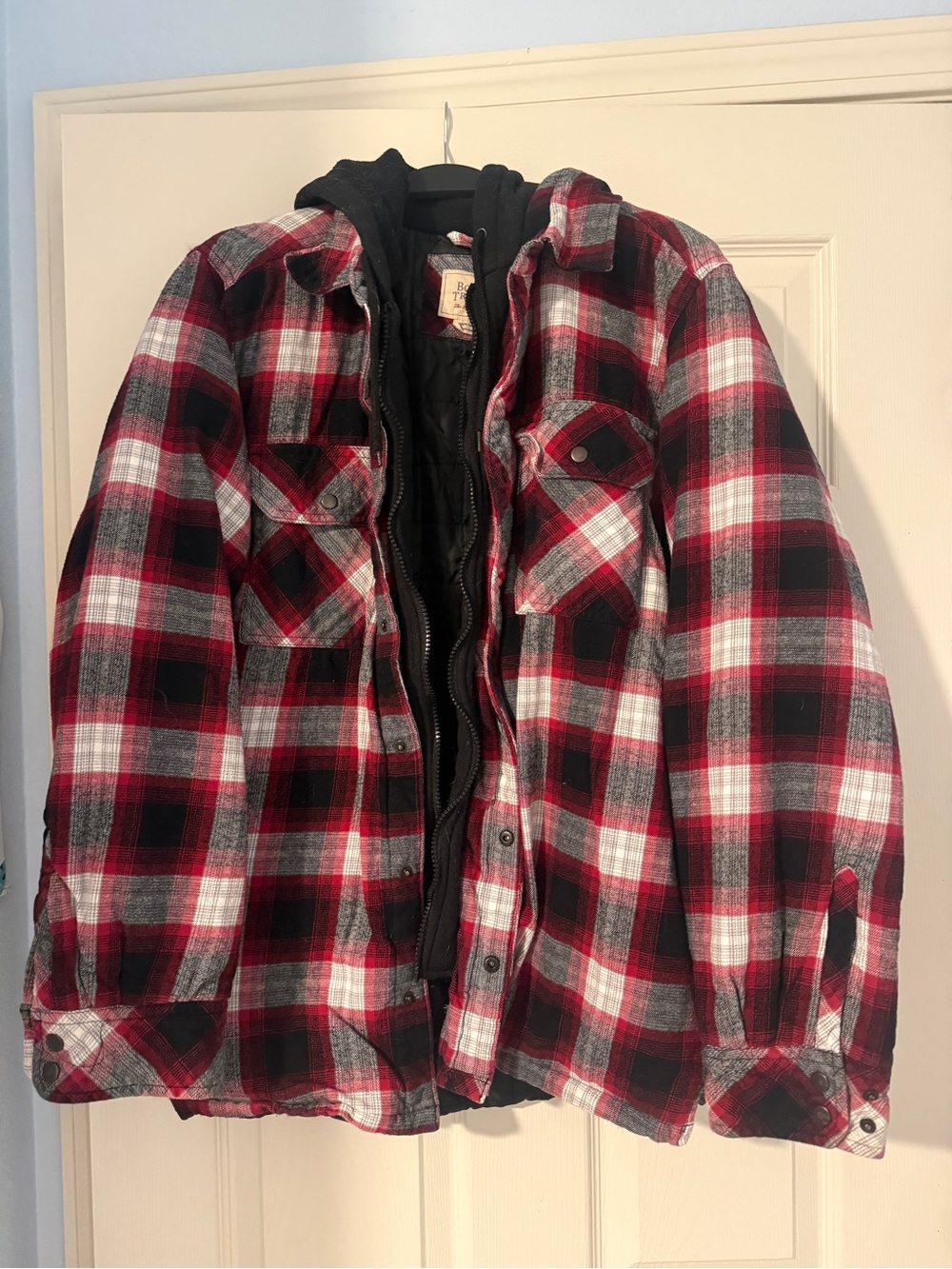 Boston Traders Red, Black & White Plaid Shirt Jacket with Hooded Liner